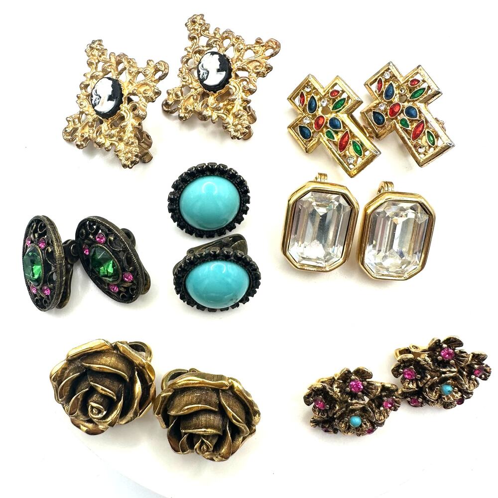 Bundle jewelry lot 7 pairs vintage gold tone clip on earrings 1928 Trifari Monet